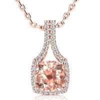 3 1/2 Carat Cushion Cut Morganite and Classic Halo Diamond Necklace In 14 Karat Rose Gold, 18 Inches