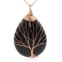 Rose Gold Tree of Life Wire Wrapped Black Onyx Teardrop Necklace, 18 Inches
