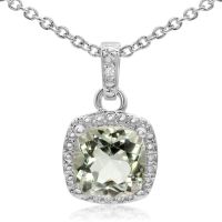 2 Carat Cushion Cut Green Amethyst and Halo Diamond Necklace, 18 Inches

