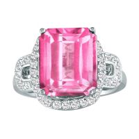 4ct Cushion Cut Pink Topaz and Diamond Ring, 14k White Gold