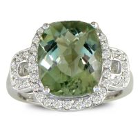 4ct Cushion Cut Green Amethyst and Diamond Ring, 14k White Gold
