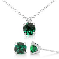 3 1/3 Carat Cushion Cut Created Emerald Necklace and Earring Set In Sterling Silver