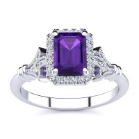 1 Carat Emerald Cut Amethyst and Halo Diamond Vintage Ring In 14 Karat White Gold
