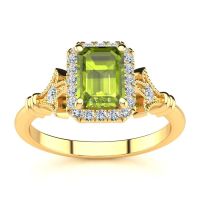 1 1/2 Carat Emerald Cut Peridot and Halo Diamond Vintage Ring In 14 Karat Yellow Gold
