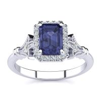 1 1/2 Carat Emerald Cut Tanzanite and Halo Diamond Vintage Ring In 14 Karat White Gold