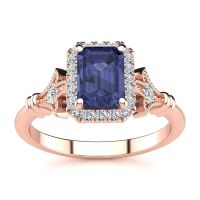 1 1/2 Carat Emerald Cut Tanzanite and Halo Diamond Vintage Ring In 14 Karat Rose Gold
