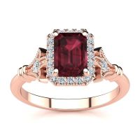 1 1/2 Carat Emerald Cut Garnet and Halo Diamond Vintage Ring In 14 Karat Rose Gold
