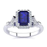 1 1/2 Carat Emerald Cut Sapphire and Halo Diamond Vintage Ring In 14 Karat White Gold
