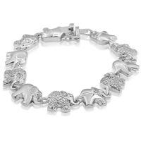Diamond Accent Elephant Bracelet In White Gold Overlay, 7 Inches