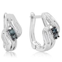 1/3 Carat Blue and White Diamond Baguette Latch Back Earrings In Sterling Silver