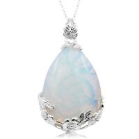 Sterling Silver Opal Teardrop Necklace With Rose Accents, 18 Inches