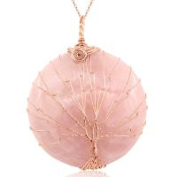 Rose Gold Tree of Life Wire Wrapped Rose Quartz Circle Necklace, 18 Inches