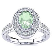 1 1/2 Carat Oval Shape Green Amethyst and Halo Diamond Ring In 14 Karat White Gold