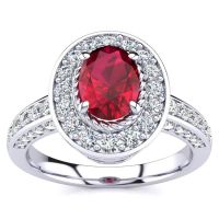 1 1/2 Carat Oval Shape Ruby and Halo Diamond Ring In 14 Karat White Gold