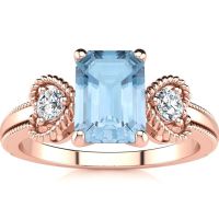 1 Carat Emerald Cut Aquamarine and Two Diamond Heart Ring In 10 Karat Rose Gold