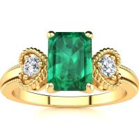 1 Carat Emerald Cut Emerald and Two Diamond Heart Ring In 10 Karat Yellow Gold