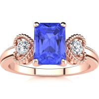 1 1/4 Carat Emerald Cut Tanzanite and Two Diamond Heart Ring In 10 Karat Rose Gold