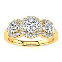 1 Carat Round Shape Halo Diamond Three Stone Ring In 14K Yellow Gold