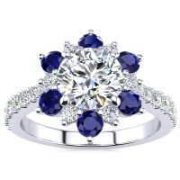 2 Carat Round Shape Flower Halo Sapphire and Diamond Engagement Ring In 14K White Gold