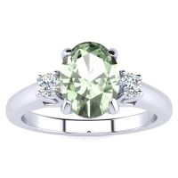 1.15 Carat Oval Shape Green Amethyst and Two Diamond Ring