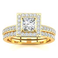 1 Carat Princess Cut Pave Halo Diamond Bridal Set in 14k Yellow Gold