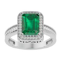 3ct Antique Style Emerald and Diamond Ring in 14k White Gold