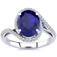 2 3/4 Carat Oval Shape Created Sapphire and Halo Diamond Ring In Sterling Silver