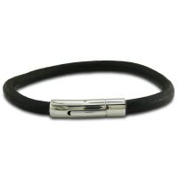 Black Leather Bracelet with Stainless Steel Lock, 8 Inches