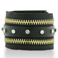 Black Leather Rhinestone Adorned and Gold Tone Zipper Cuff Bracelet