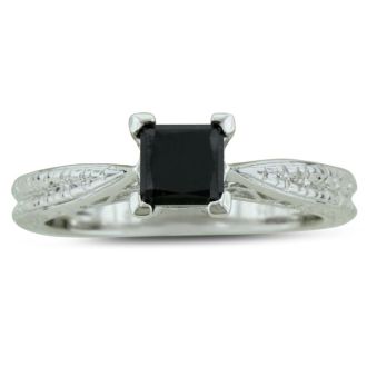 3/4 Carat Princess Cut Black Diamond Solitaire Engagement Ring in Sterling Silver