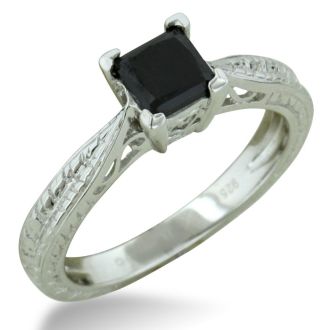 3/4 Carat Princess Cut Black Diamond Solitaire Engagement Ring in Sterling Silver