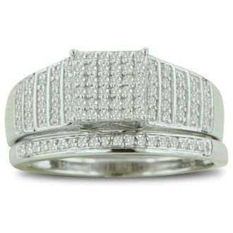 1/3ct Big Looking Princess Shaped Center Engagement Ring Diamond Bridal Set in Sterling Silver