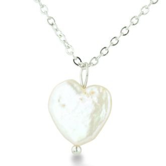 Heart Shaped Natural Freshwater Pearl On 18 Inch Silver Plated Necklace