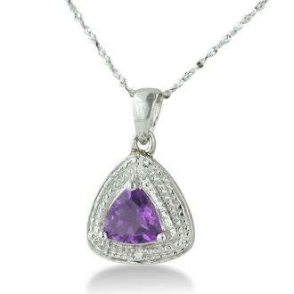 3/4ct Trillion Purple Amethyst And Diamond Pendant On 18 Inch Sterling Silver Necklace