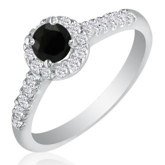 1 3/4 Carat Black Round Diamond Halo Engagement Ring in 14k White Gold
