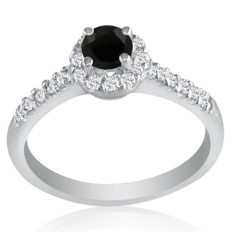 1 3/4 Carat Black Round Diamond Halo Engagement Ring in 14k White Gold