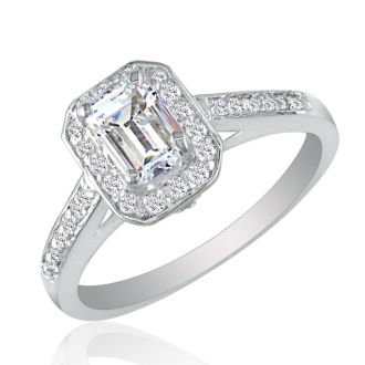 1 1/3 Carat Emerald Diamond Halo Engagement Ring in 14k White Gold