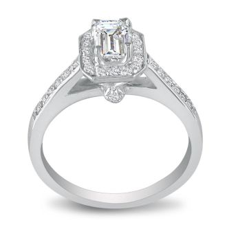 1 1/3 Carat Emerald Diamond Halo Engagement Ring in 14k White Gold