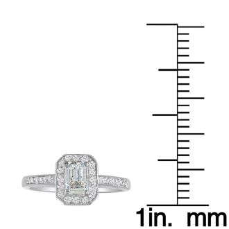 1 1/3 Carat Emerald Diamond Halo Engagement Ring in 14k White Gold