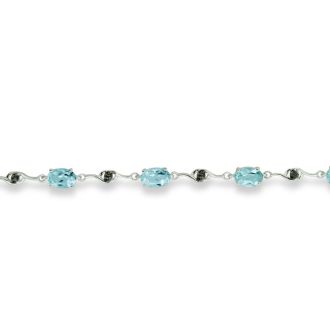 6ct Blue Topaz and Black Diamond Bracelet In Sterling Silver, 7 Inches