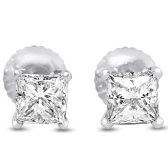 1 1/2ct Fine Quality Princess Diamond Stud Earrings In Platinum