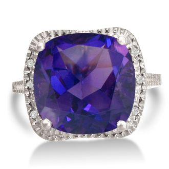 Trendy 7ct Amethyst and Diamond Cushion Cut Ring in Sterling Silver
