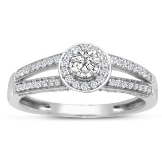 1/2 Carat Halo Diamond Engagement Ring in White Gold, Split Shank