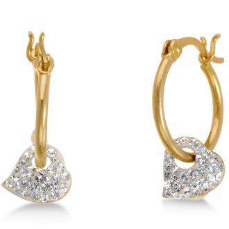 18 Karat Yellow Gold Overlay  Hoop Earrings with Dangling Swarovski Elements Crystal Heart Accent