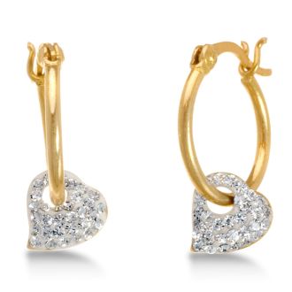 18 Karat Yellow Gold Overlay  Hoop Earrings with Dangling Swarovski Elements Crystal Heart Accent
