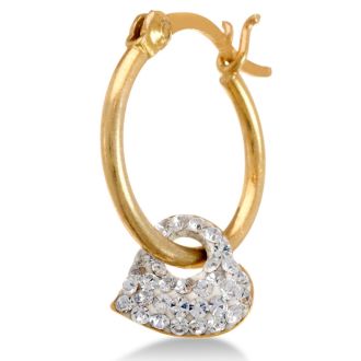 18 Karat Yellow Gold Overlay  Hoop Earrings with Dangling Swarovski Elements Crystal Heart Accent
