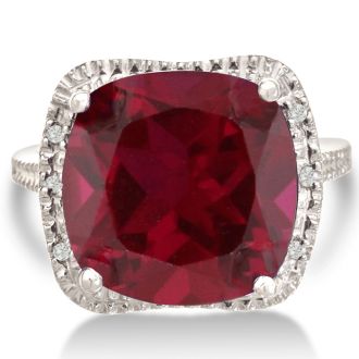 Trendy 7ct Marble Ruby and Diamond Cushion Cut Ring in Sterling Silver