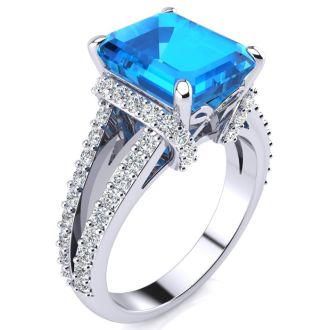 8 3/4ct Blue Topaz and Diamond Ring Crafted In Solid 14K White Gold