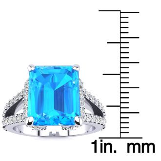 8 3/4ct Blue Topaz and Diamond Ring Crafted In Solid 14K White Gold