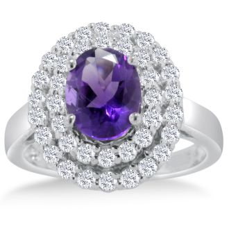 2 1/2ct Oval Amethyst and Diamond Ring in Solid 14K White Gold
